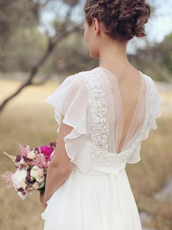 Wholesale A-Line/Princess Chiffon V-neck Ruched Short Sleeves Floor-Length Wedding Dresses